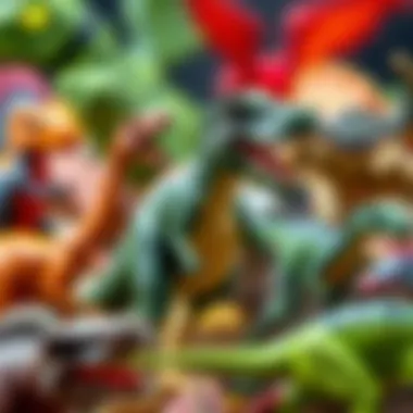 A vibrant collection of various T-Rex toys showcasing different designs and colors.