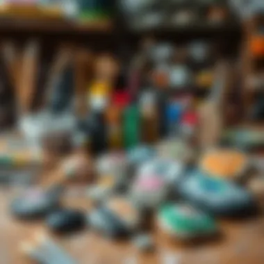 Artist's Workspace with Painted Stones An artist's workspace filled with tools, paints, and beautifully painted stones