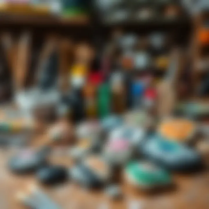 Artist's Workspace with Painted Stones An artist's workspace filled with tools, paints, and beautifully painted stones