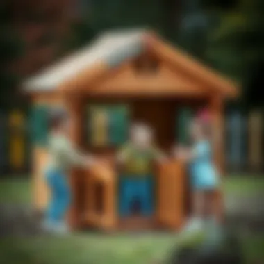 Children Engaging with Playhouse Children playing joyfully around a wooden playhouse, enhancing physical activity and imagination.