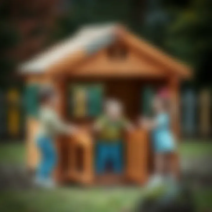 Children Engaging with Playhouse Children playing joyfully around a wooden playhouse, enhancing physical activity and imagination.