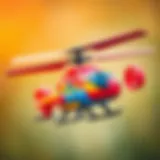 A colorful toy helicopter in flight showcasing its design and features