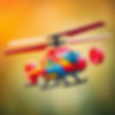 A colorful toy helicopter in flight showcasing its design and features