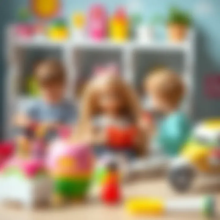 A playful scene depicting children engaging with Barbie toys in imaginative play