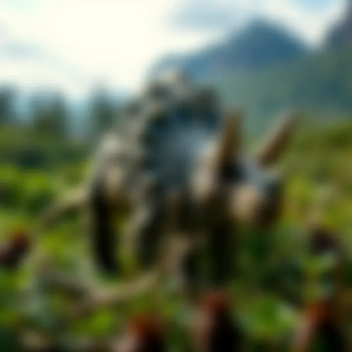 Triceratops in Prehistoric Landscape An artistic representation of Triceratops in its natural habitat surrounded by lush vegetation