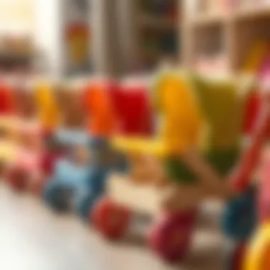 Variety of wooden baby strollers in vibrant colors