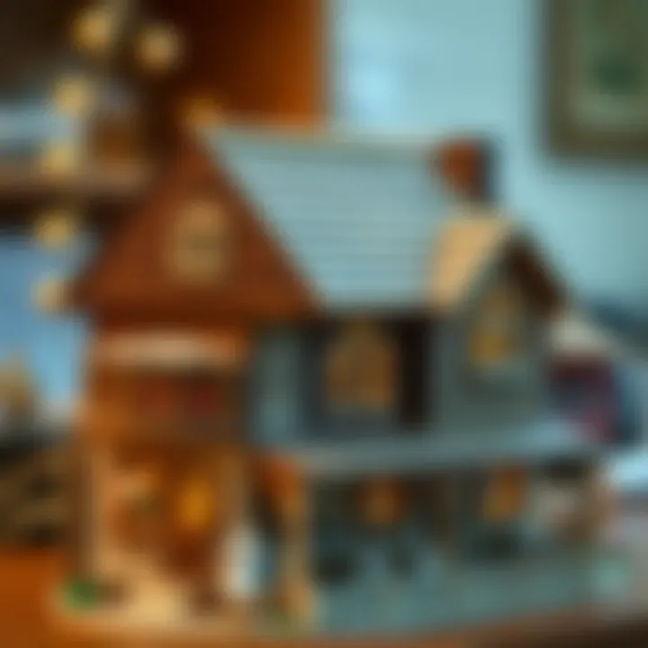 A beautifully crafted wooden house model showcasing intricate details